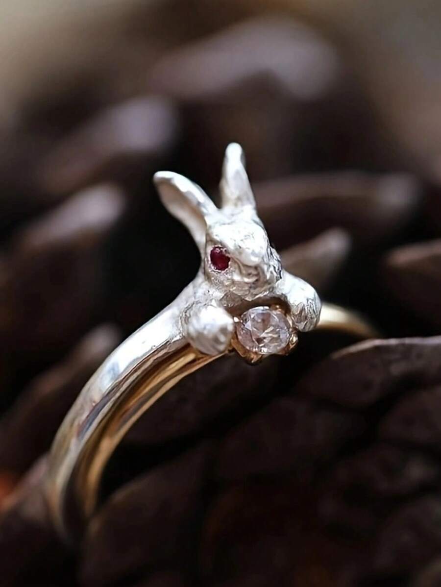 2pcs/Set Silver Rabbit Ring + Gold Rhinestone Ring Set, Cute Red-Eyed Rabbit Adjustable Rings, Jewelry Gift For Women
