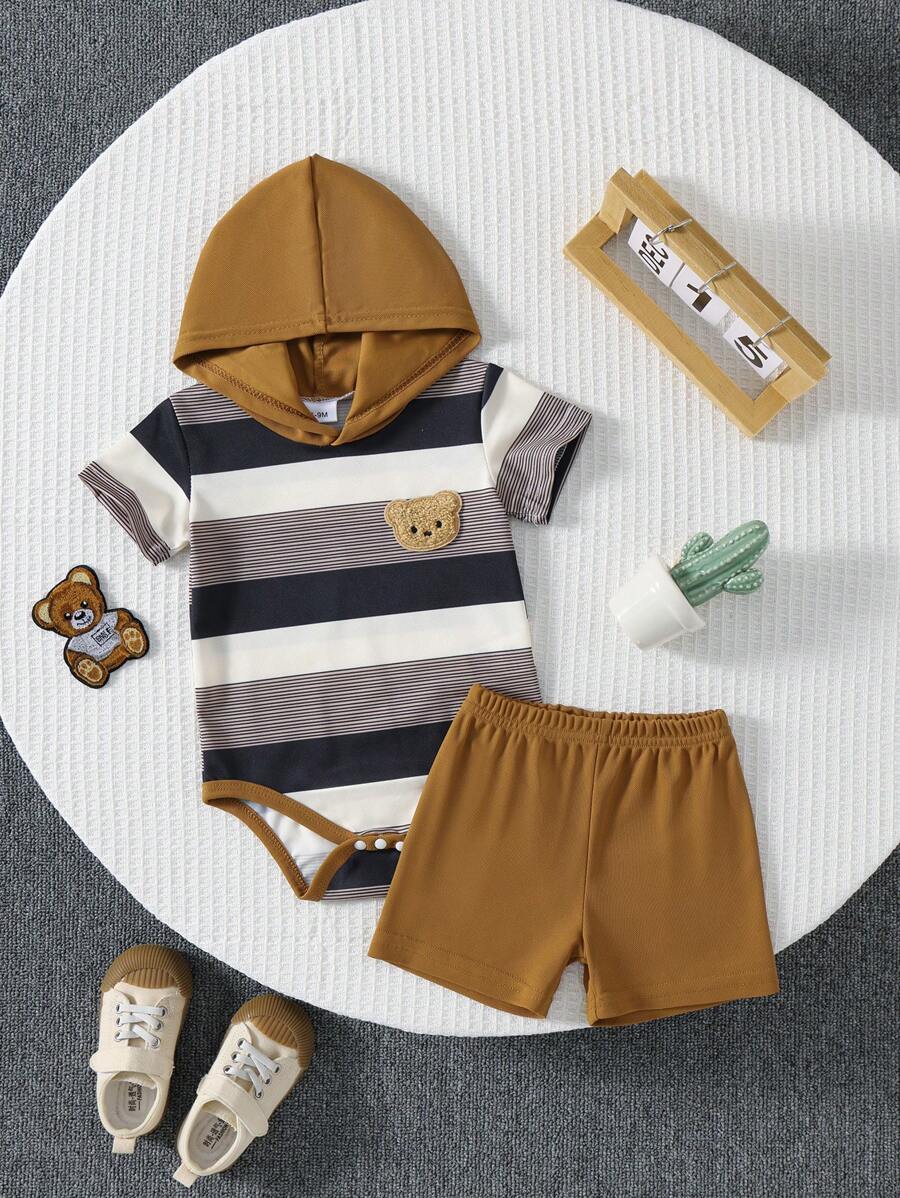 2 pezzi/set Neonato Pagliaccetto con cappuccio a righe nere, bianche e grigie stampato con orso + pantaloncini marroni