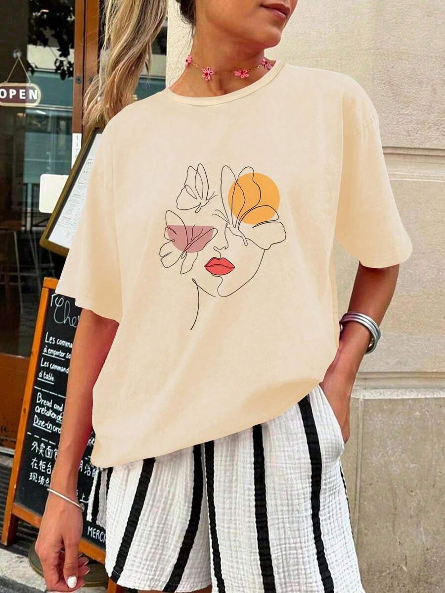 T-shirt da donna con grafica volto femminile in stile lineare, taglie comode, casual e adatta all'uso quotidiano