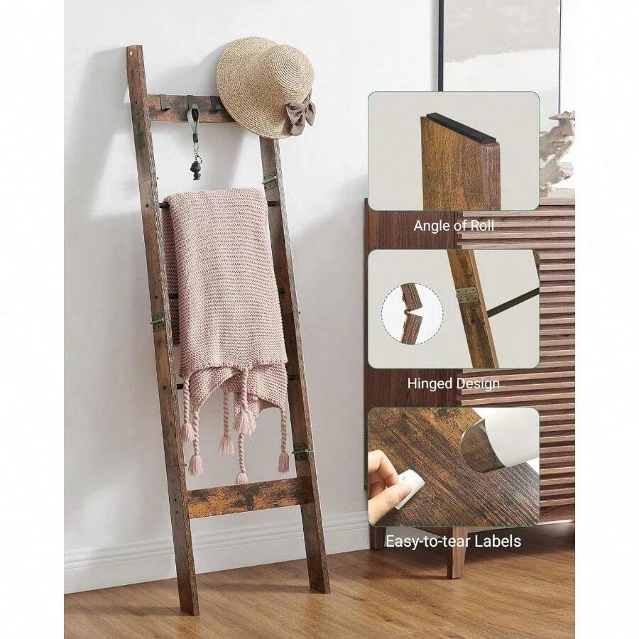 Worth Having, New 5-Tier Ladder Shelf For Living Room, Decorative Quilt Rack With 4 Removable Hooks,Farmhouse Ladder Holder Organizer For Bedroom, Rustic Brown