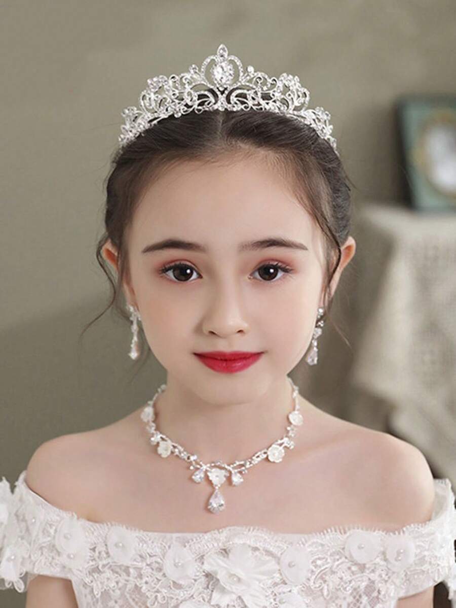 4pcs/Set Girls Kids Rhinestone Tiara Crown + Necklace + Earrings Luxury Jewelry Set, Suitable For Stage Performance, Party, Birthday, Holiday Dress Up, Fits Toddlers And Older Children