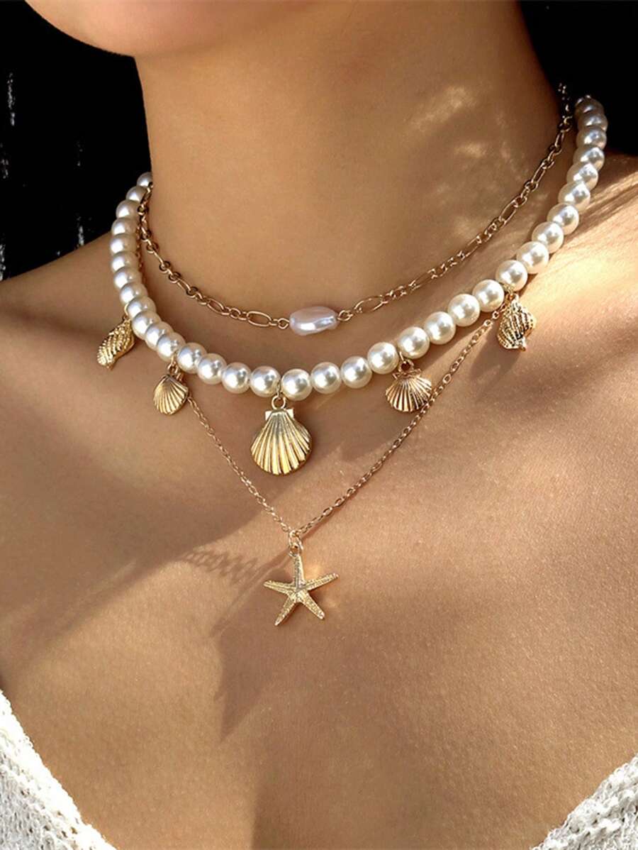 3pcs Fashion Versatile Ocean Vacation Style Tassel Necklace, Metal Chain Choker, Summer Starfish Shell Pearl Multilayer Necklace For Women, Suitable For Daily Wear