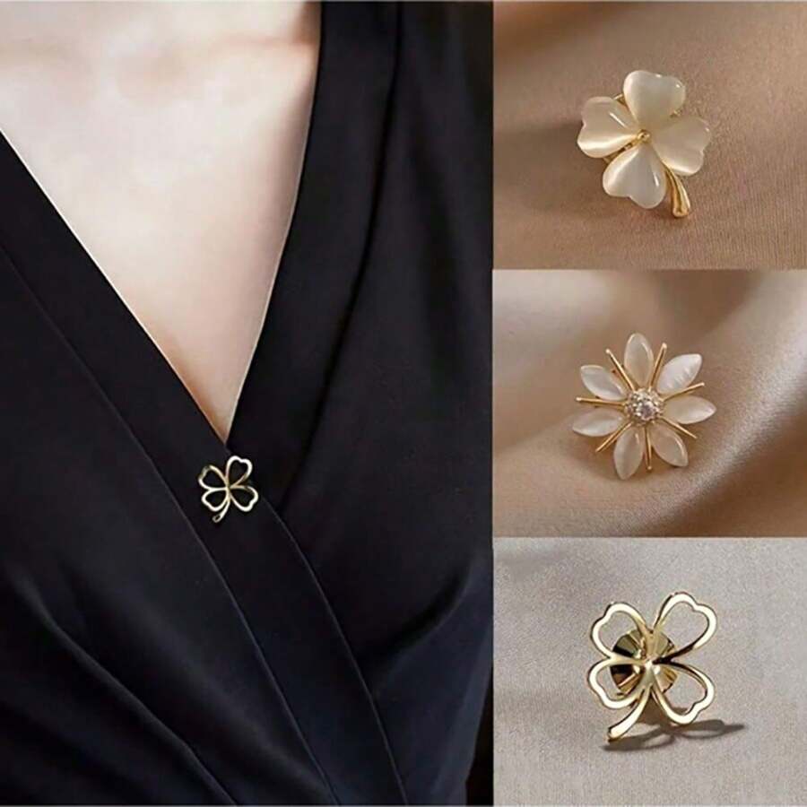 3 Stücke elegante Blumen Broschen für Damen, Katzenaugen Stein Blumen Design Legierung Broschen, personalisiertes Accessoire für Pullover, Schals, süße Sicherheitsnadel zum Lichtschutz