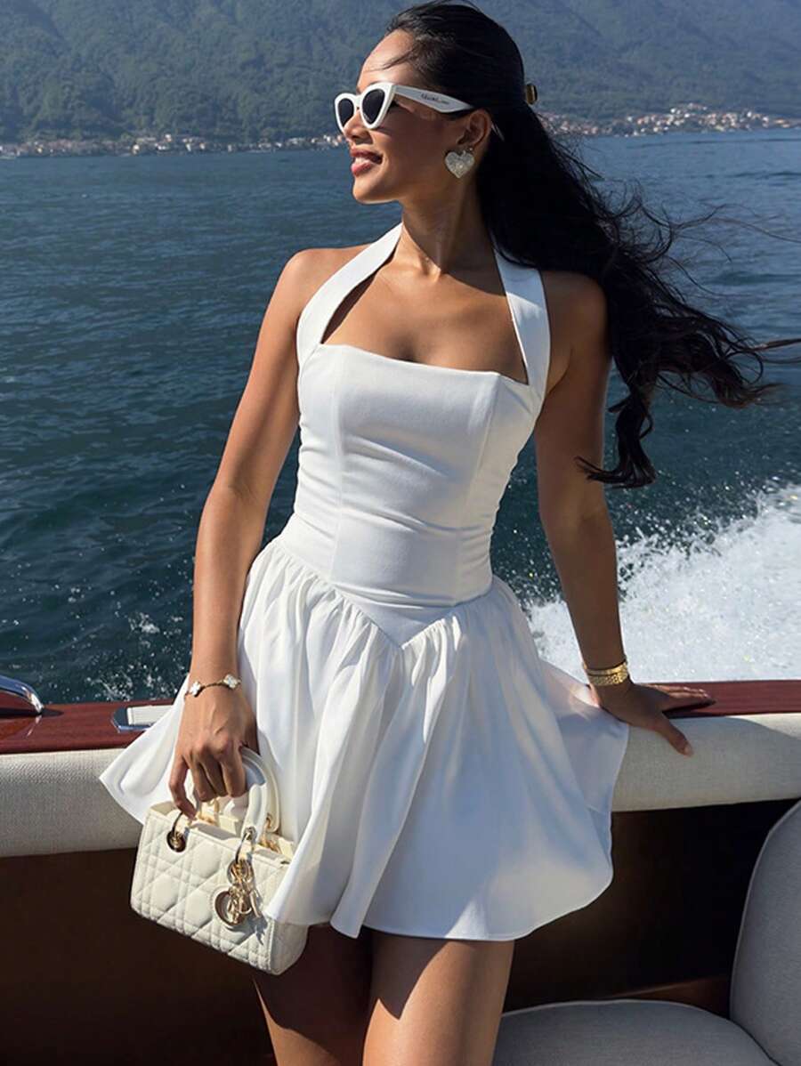 All-White Halterneck Street Sexy Backless Dress Vacation A Hem Slim Frilled Hem Dress