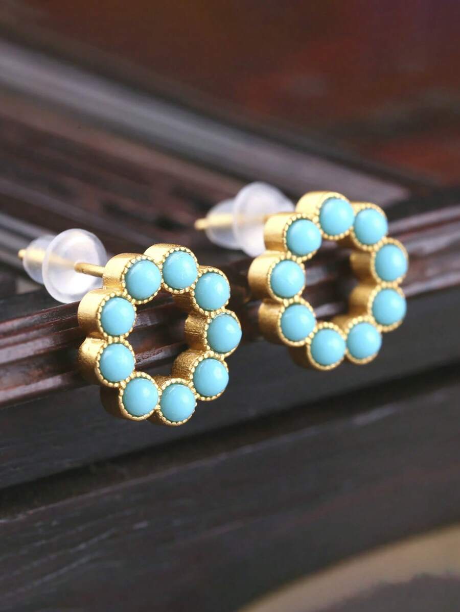 1pc Gold-Plated Simulated Turquoise Stud Earrings, Simple Baroque Pearl Hoop Earrings, Vintage Style, Suitable For Women's Daily, Festival, Party Wear, Girlfriend Gift
