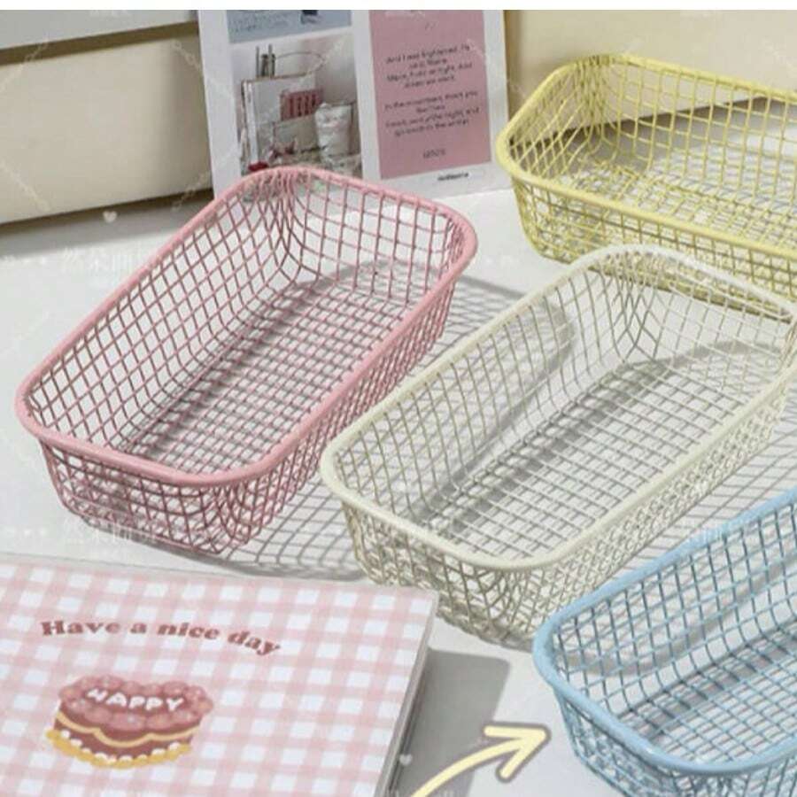 1pc Cream Ins Style Storage Basket Highly Attractive Iron Small Basket Simple Office Dressing Table Desktop Sundries Storage Box