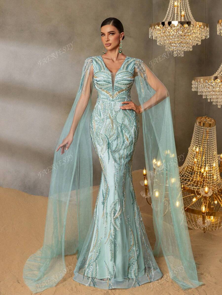 Faeriesty FAERIESTY Opulent Beaded V-Neck Evening Gown With Floor-Length Sheer Sleeves, Mermaid Silhouette & Dramatic Train | Luxury Red Carpet Dress For Galas, Formal Dinners, Wedding Receptions, Opera Galas, And Black-Tie Balls