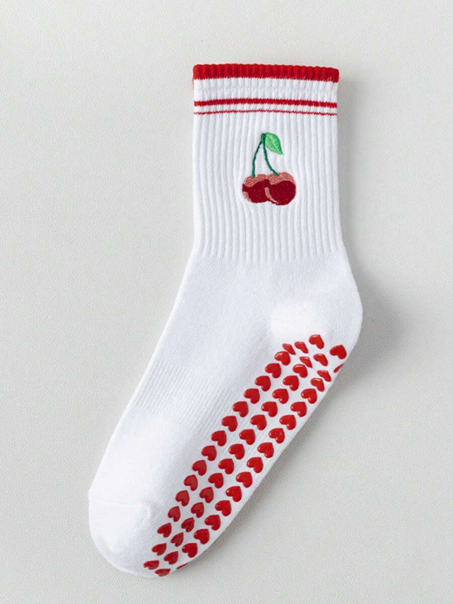 1 Pair Of Cherry Silicone Anti Slip Women's Socks, Yoga Socks, Cute Ballet Pilates Sports Fitness Socks, Breathable Sports Socks