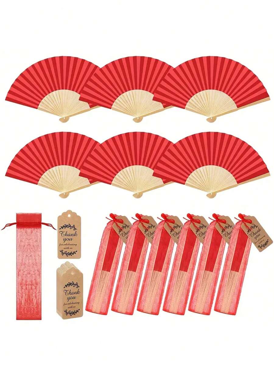 Set regalo di 30 pezzi/15 pezzi di ventagli manuali rossi eleganti, comprende 5 ventagli manuali, 5 sacchetti in organza e 5 biglietti di ringraziamento, ventagli manuali in stile tradizionale cinese in bambù, adatti per matrimoni, addii al nubilato, feste di compleanno, decorazioni per la casa, bomboniere, regali di nozze, decorazioni per spettacoli