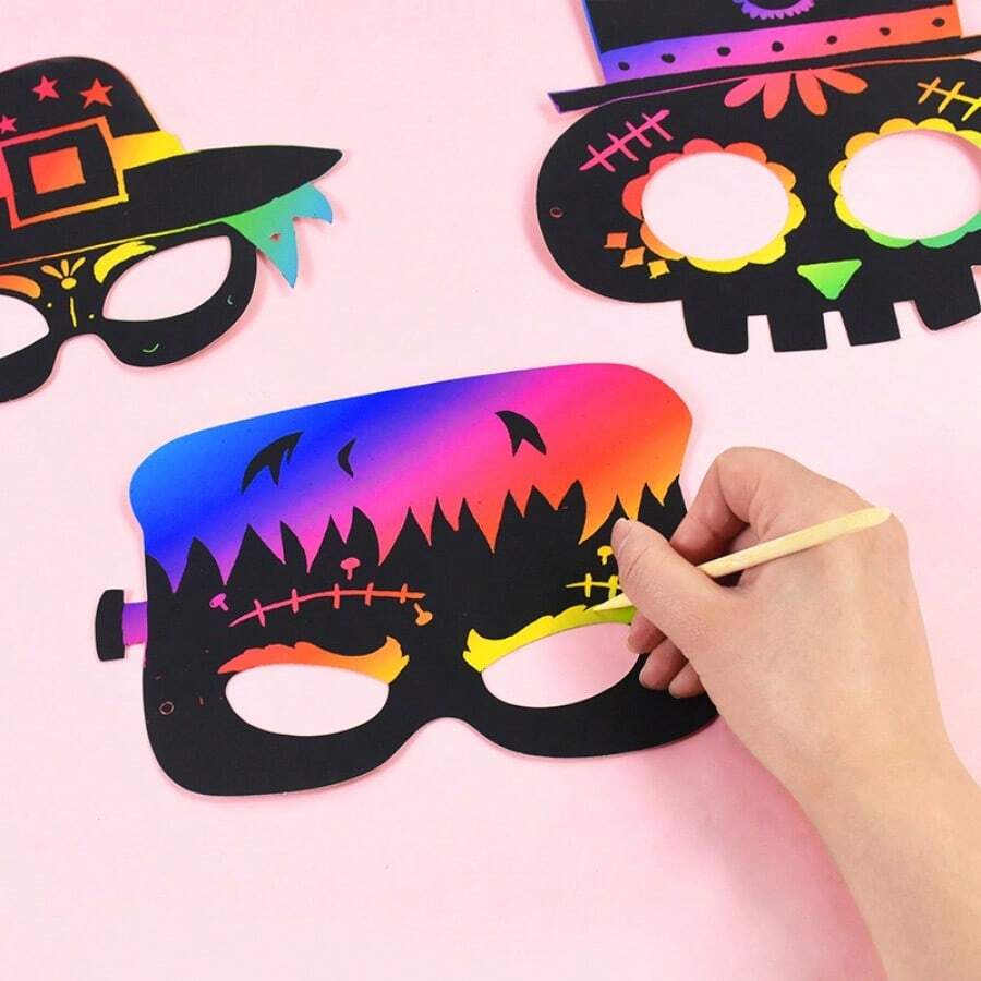 Set de 8 piezas Kit de máscaras de arañazos de Halloween DIY con papel de rascar arcoíris, máscaras y lápices de madera con cintas para decoración de fiestas de Halloween