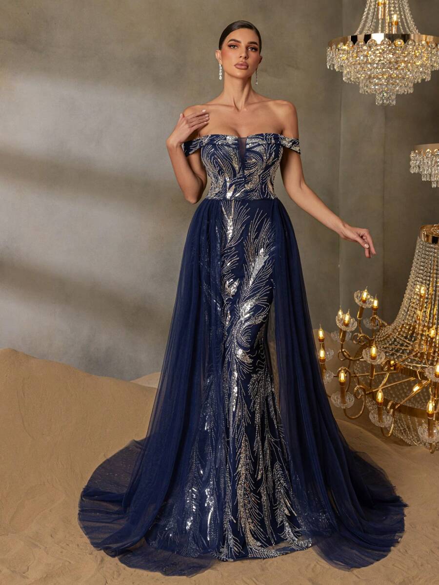 Women's One-Shoulder Sequin-Embellished Evening Gown With Back Tie-Up Closure & Sheer Organza Draping – Elegant Mermaid Silhouette Formal Dress For Gala Dinners, Red Carpet Events, Luxury Weddings, Opera Performances, And Black-Tie Ceremonies