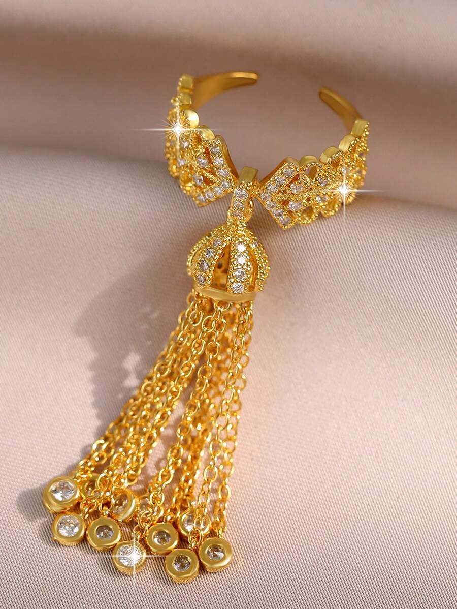 1 peça de anel de noivado com borla banhada a ouro fantasia e zircônia cúbica para mulheres, anel glamoroso para casamento e festa de aniversário, joia para presente