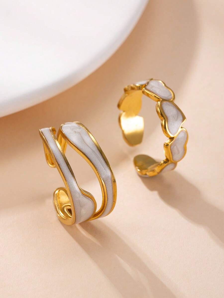 2 Stücke minimalistische, geometrische, Cut Out, asymmetrische, zweifarbige & herzförmige Tropföl-Edelstahlringe, einstellbar und geeignet für den täglichen Gebrauch von Frauen