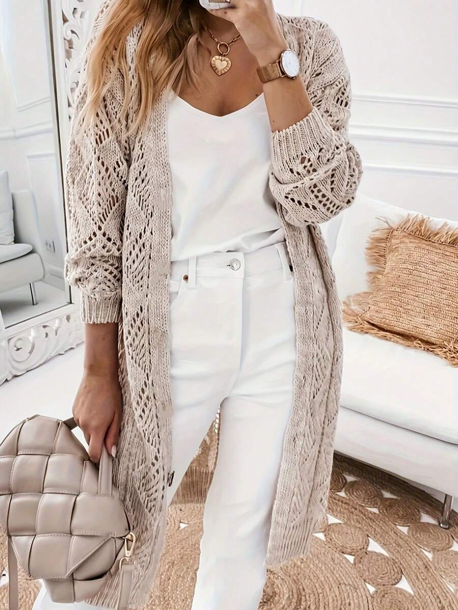 Casual Long Sleeve Solid Pointelle Knitted Cardigan - Button Front - Women's Clothing
