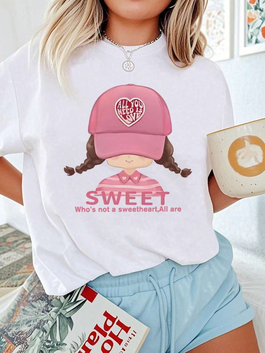 1 pieza Camiseta informal de manga corta y cuello redondo estampada para niñas, prenda de vestir juvenil de verano - Camiseta con estilo de letra en inglés minimalista que inspira la imaginación y la autoexpresión