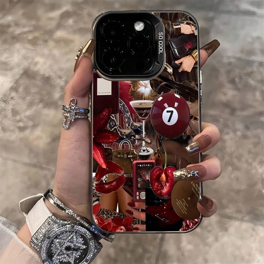 1pc Collage Lip Cherry Billiard Ball Pattern IMD Glossy Phone Case Compatible With IPhone 16 Promax/15/14Plus/13/12/11