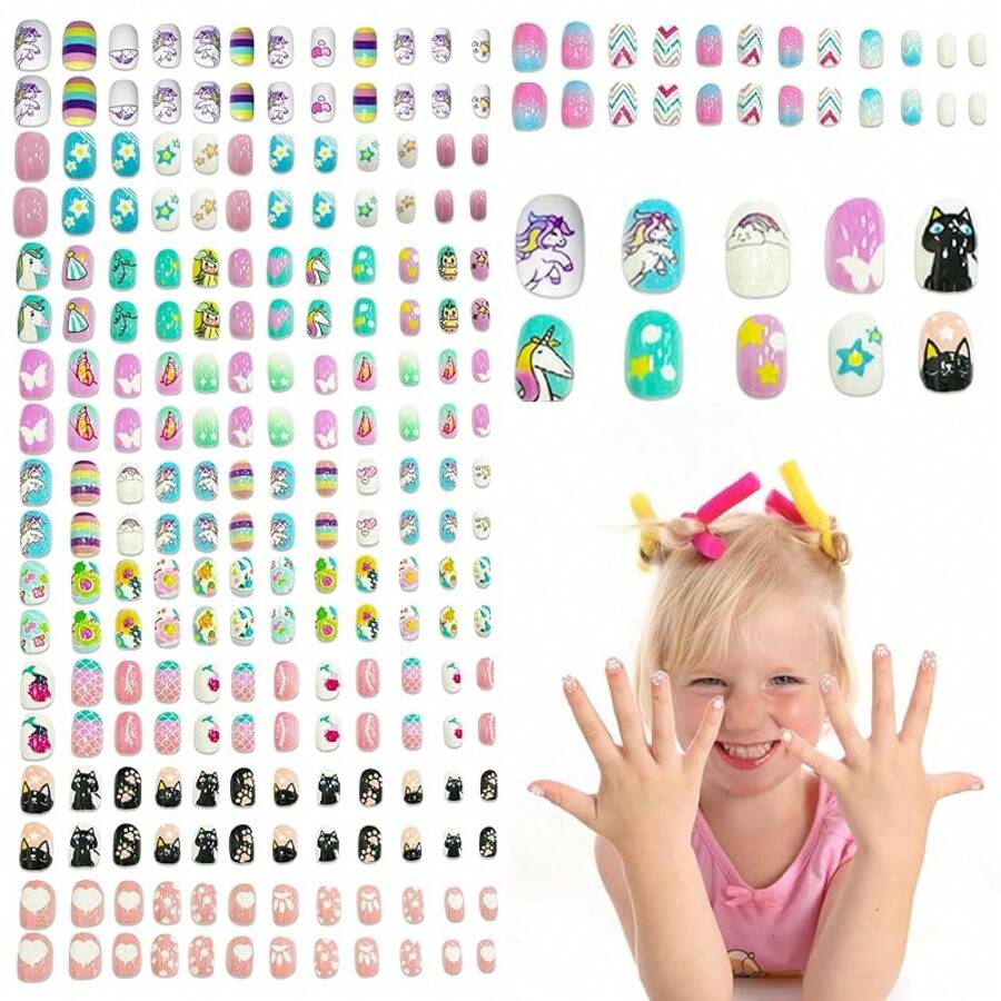 Ideal Swan 240 Pcs 10 Pack Press On Nails For Kids, False Nails Kids Press On Color Unicorn Animal, Children Acrylic Fake Nails Glue Full Cover Press On Nail Kits Set For 8-12 Year