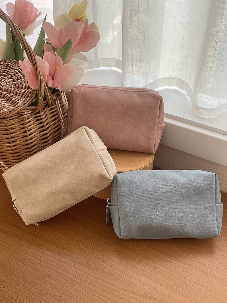 Japandi Style Solid Color Makeup Bag, Large Capacity, Soft Fabric, Zipper Closure, Minimalist Retro Cosmetic Bag For Home, Travel, Outdoor Use, Women