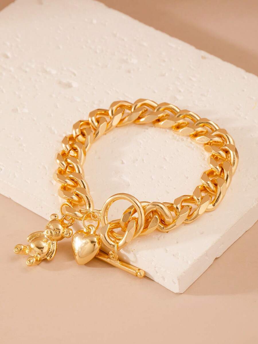 1 pieza Pulsera con colgante de oso y corazón con broche tipo OT, apta para uso diario, regalo de amigo, regalo festivo