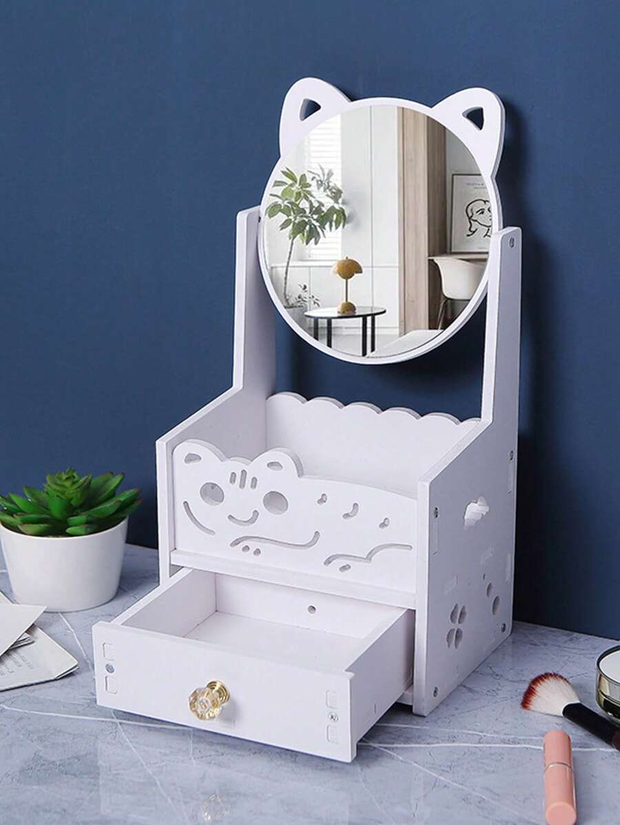 1 Stück Kosmetikspiegel mit Schubladen, zweistöckige Aufbewahrungsbox, staubdichter Make-up Organizer Regal, Tischspiegel mit Fächern