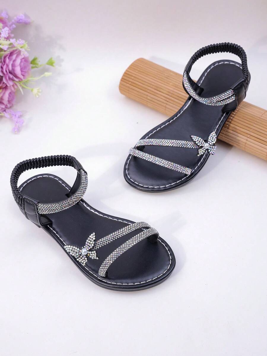 Rhinestone Bow Decor Girls Sandals, Black Minimalist Style With Elastic Strap, Fashionable Princess Shoes
