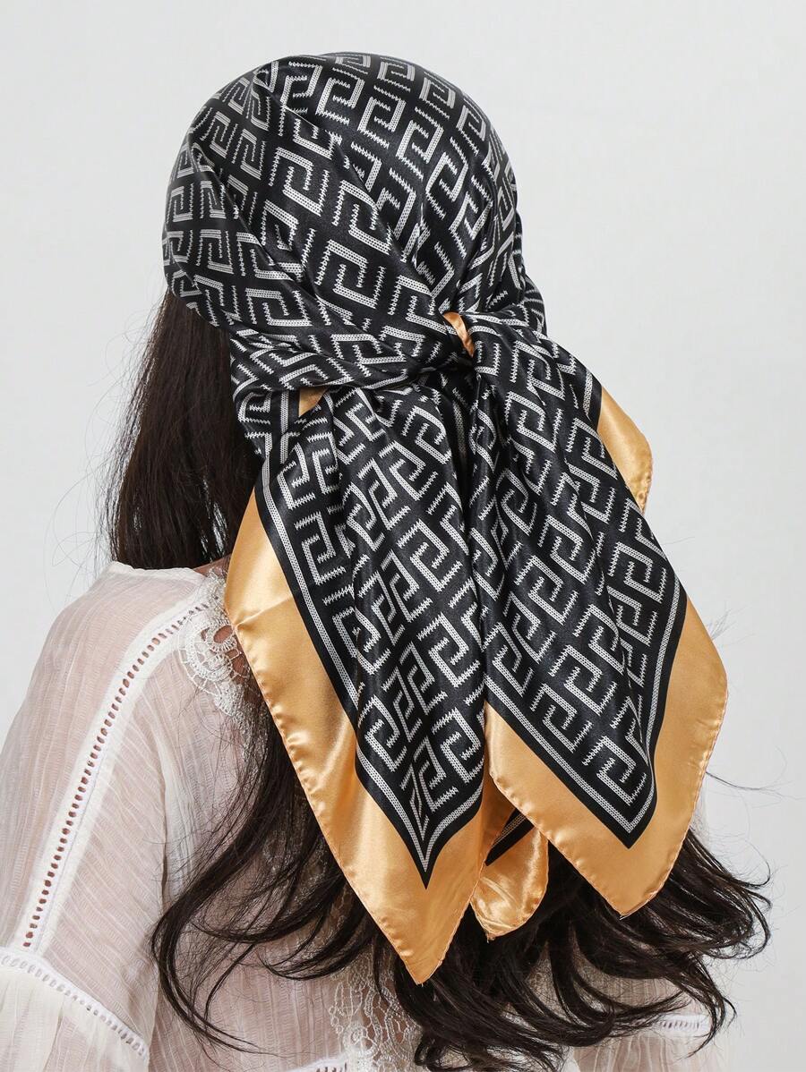 1pc Letter Print Imitation Silk Scarf, Women Square Scarves 90cm Large Scarf, Fashion Shawl, Street Wear Headband, Neck Wrap
