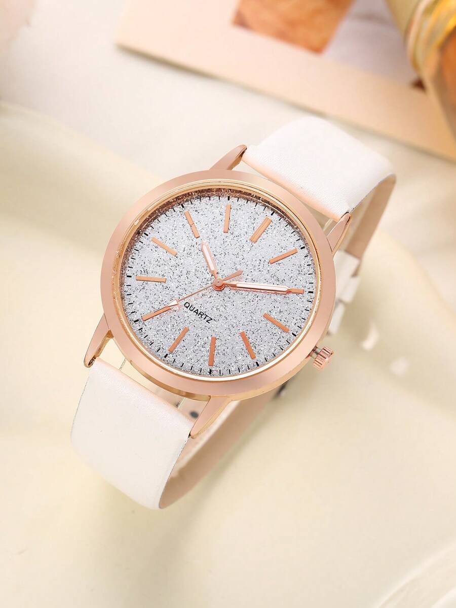1pc Women's Fashion Grid & Comfy PU Leather Band Quartz Wrist Watch, Casual Style For Students