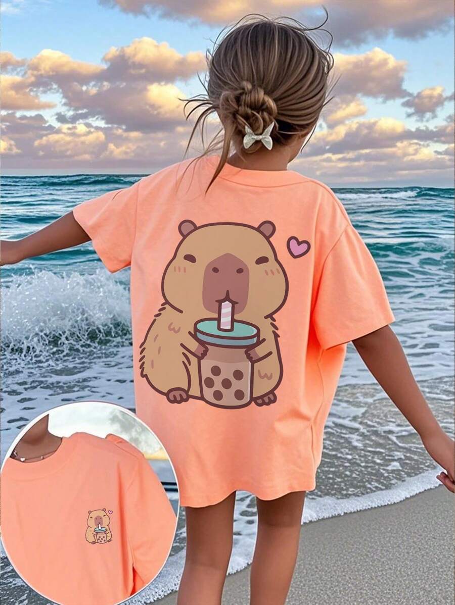 Camiseta de manga corta de cuello redondo con estampado naranja para niñas y adolescentes estudiantes, parte superior de verano informal