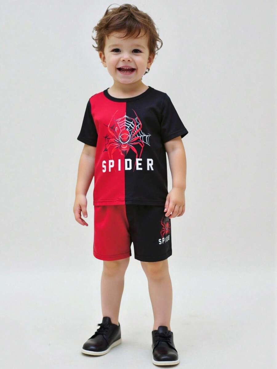 2 pièces/ensemble T-shirt sans manches avec imprimé graphique d'araignée doux et mignon, et short. Tenue décontracté et sportive pour garçons tout-petits, cadeau génial pour l'été