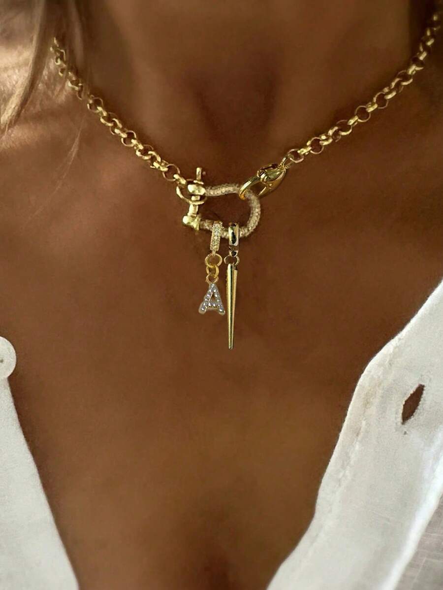 Corrente com letras iniciais A-Z STYLEVER 1 peça, fivela de ferradura com diamantes e pingente de letras com diamantes, corrente de aço inoxidável, para celebrar feriados e o dia a dia