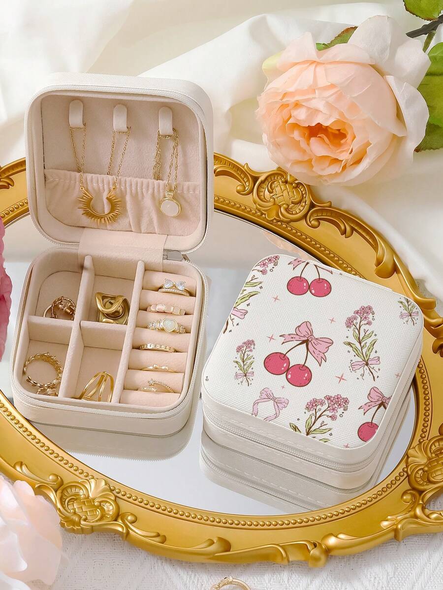 1 pièce Boîte à bijoux, boîte de rangement en PU pour accessoires de maison pour femmes, boîtes à bijoux de voyage, petite boîte à bijoux, boîte à bijoux pour boucles d'oreilles, boîte à bijoux pour colliers, organisateur de rangement de boîte à bijoux, boîte à bijoux vintage, cerise rose avec nœud sans couture