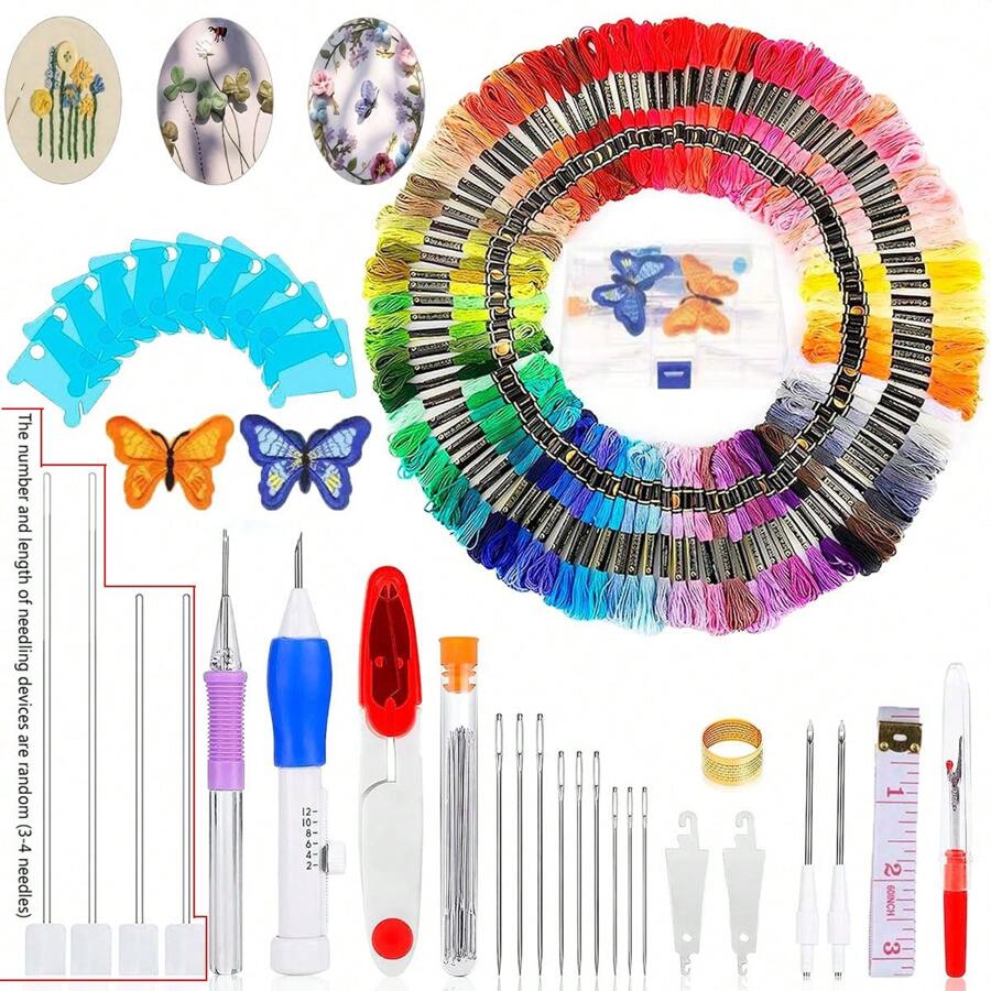 1 Set Embroidery Starter Kit, Includes Magic Pen, 50 Colorful Threads, Needles And Thread - DIY Punch Needle Craft Set With Floral Designs, Suitable For Beginners (Accessory Colors Randomly Assorted)
