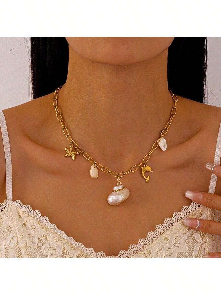 1pc Titanium Steel Conch, Dolphin, Starfish Necklace, Unique & Elegant Personal Style Jewelry For Women