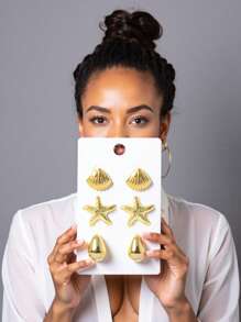 Three Pairs Of Golden Ocean-style Earrings