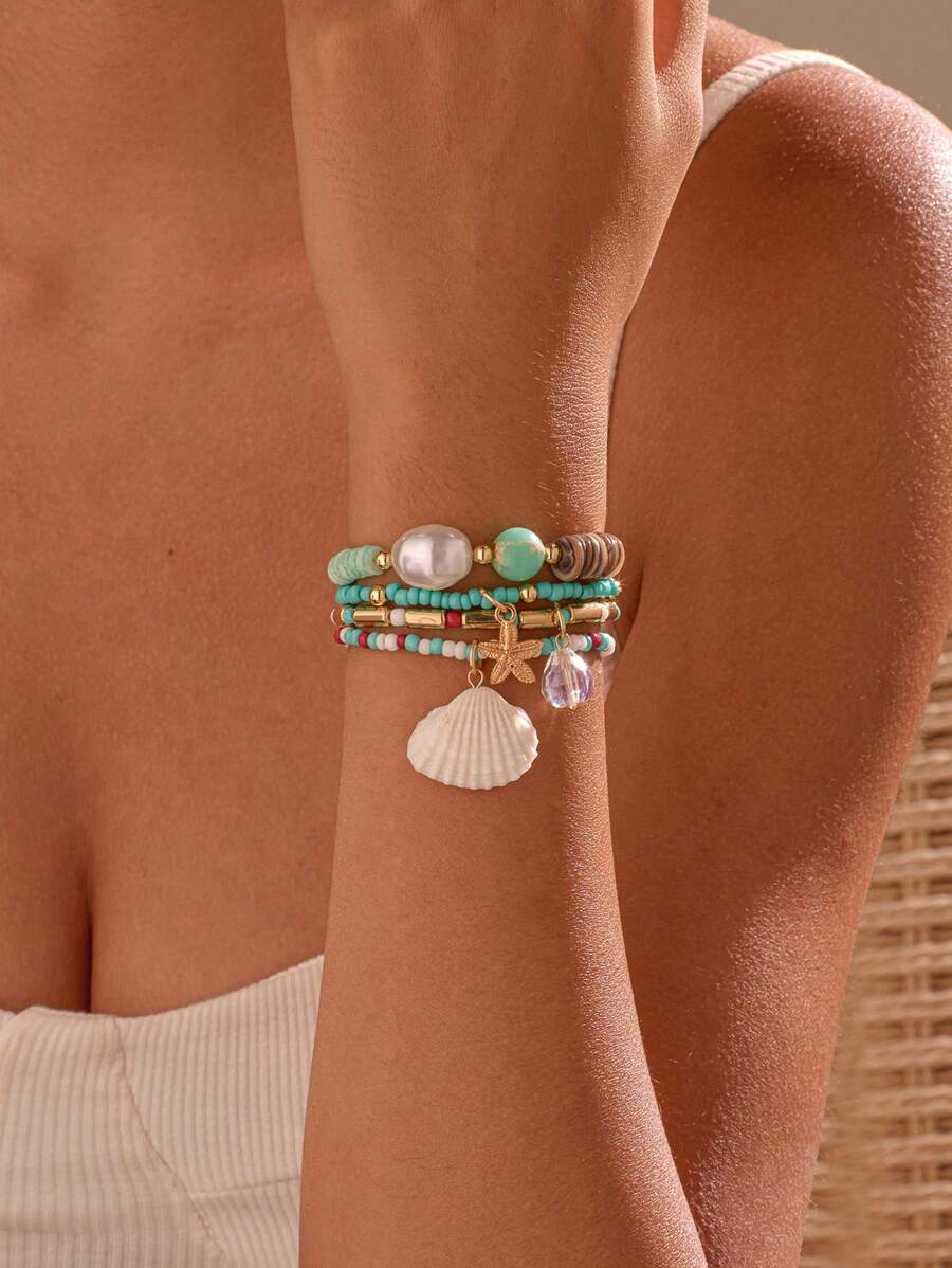 4pcs Bohemian Beach Style Glass Bead, Starfish, Shell, Crystal Ball Decor Bracelet Set For Women