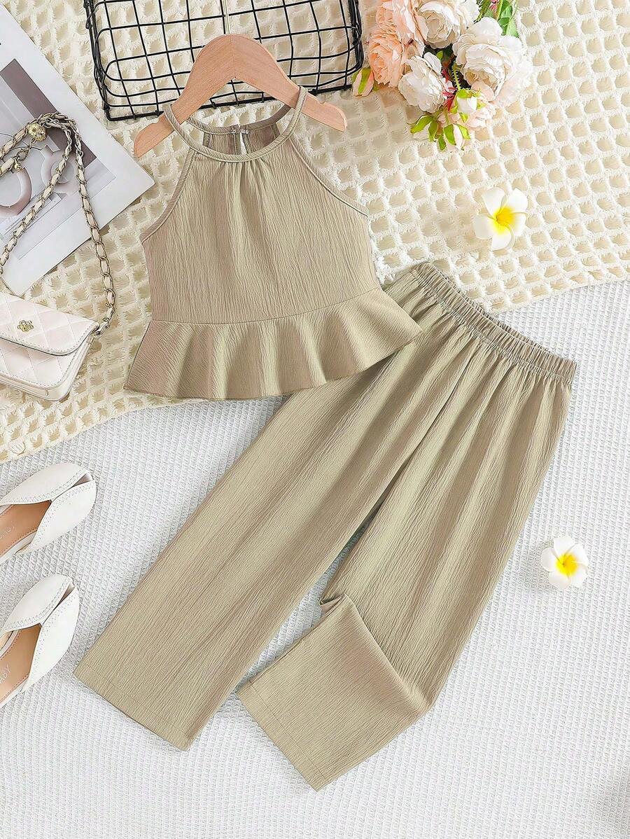 Young Girl' Sleeveless Ruffled Hem Solid Color Camisole & Pants Casual Outfit, Summer