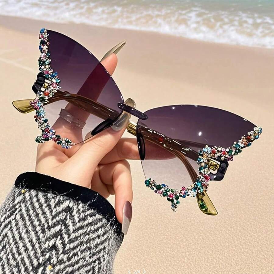 Women's Retro Classic Butterfly Shape Diamond Rimless Sunglasses UV Blocking Sunglasses