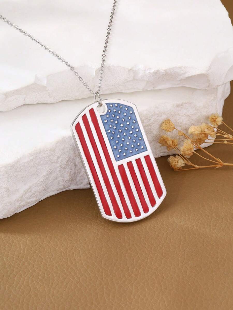 1pc American Flag Color Oil Drop Pendant Necklace, High-End Design Elegant Style, Women Fashion Jewelry