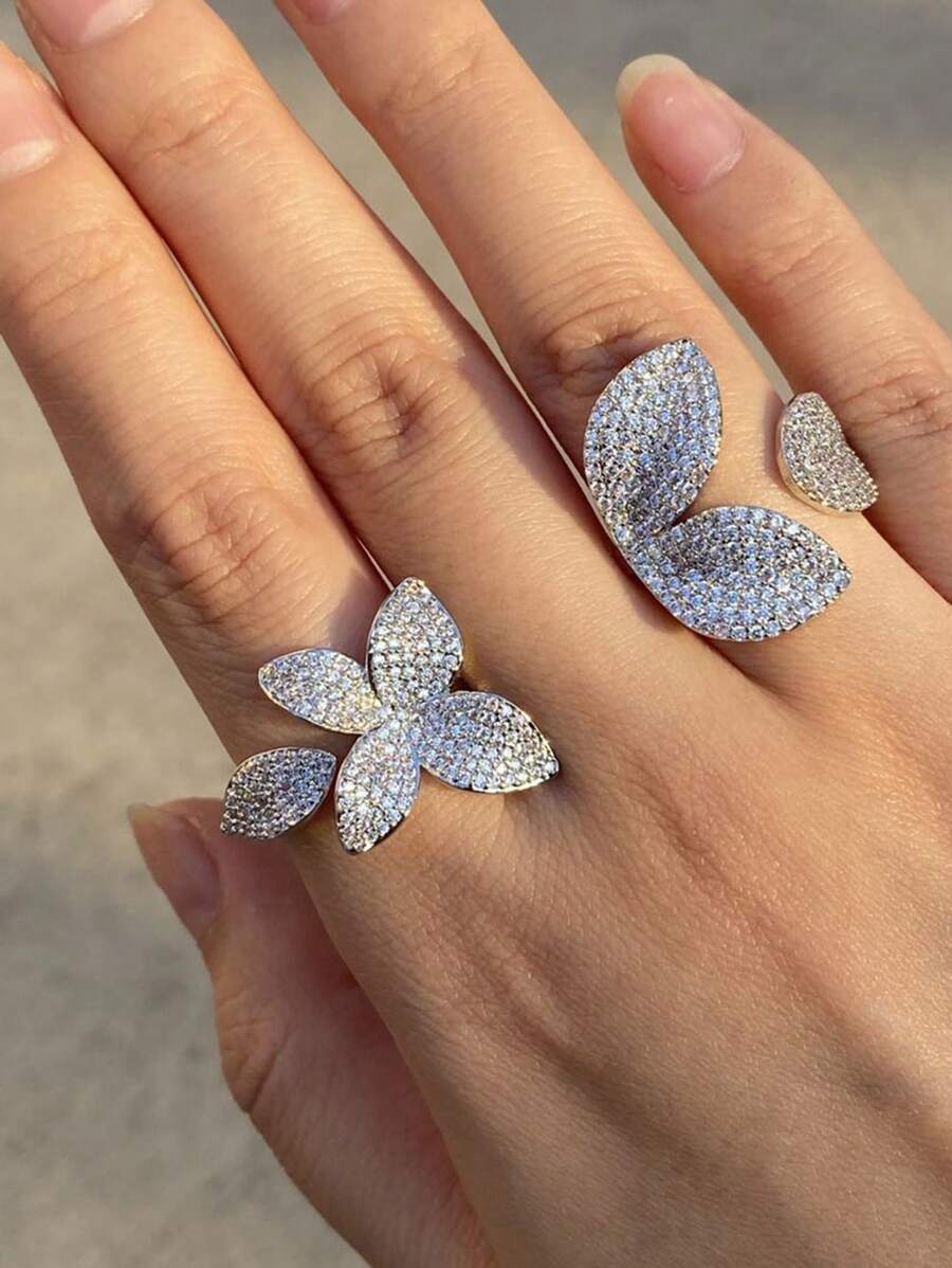 rakol 2 Peças Anel Aberto Elegante e Delicado Decorado com Zircônia Cúbica em Formato de Trevo, Adequado para Mulheres no Dia a Dia, Festa, Casamento, Banquete