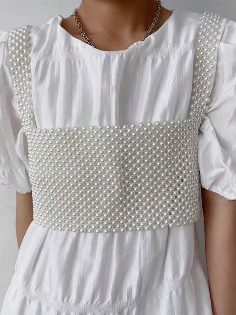1pc Summer New Simple Fashion Women's Handmade Beaded Vest Faux Pearl Girls Top Body Chain , Suitable For Fashionable Outwear Women's Gifts