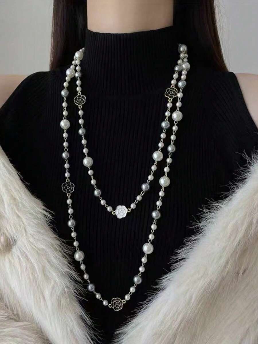 1 pieza Elegante collar largo de metal multicolor con perla falsa en forma de rosa para mujer, adecuado para fiestas, citas, banquetes y uso diario