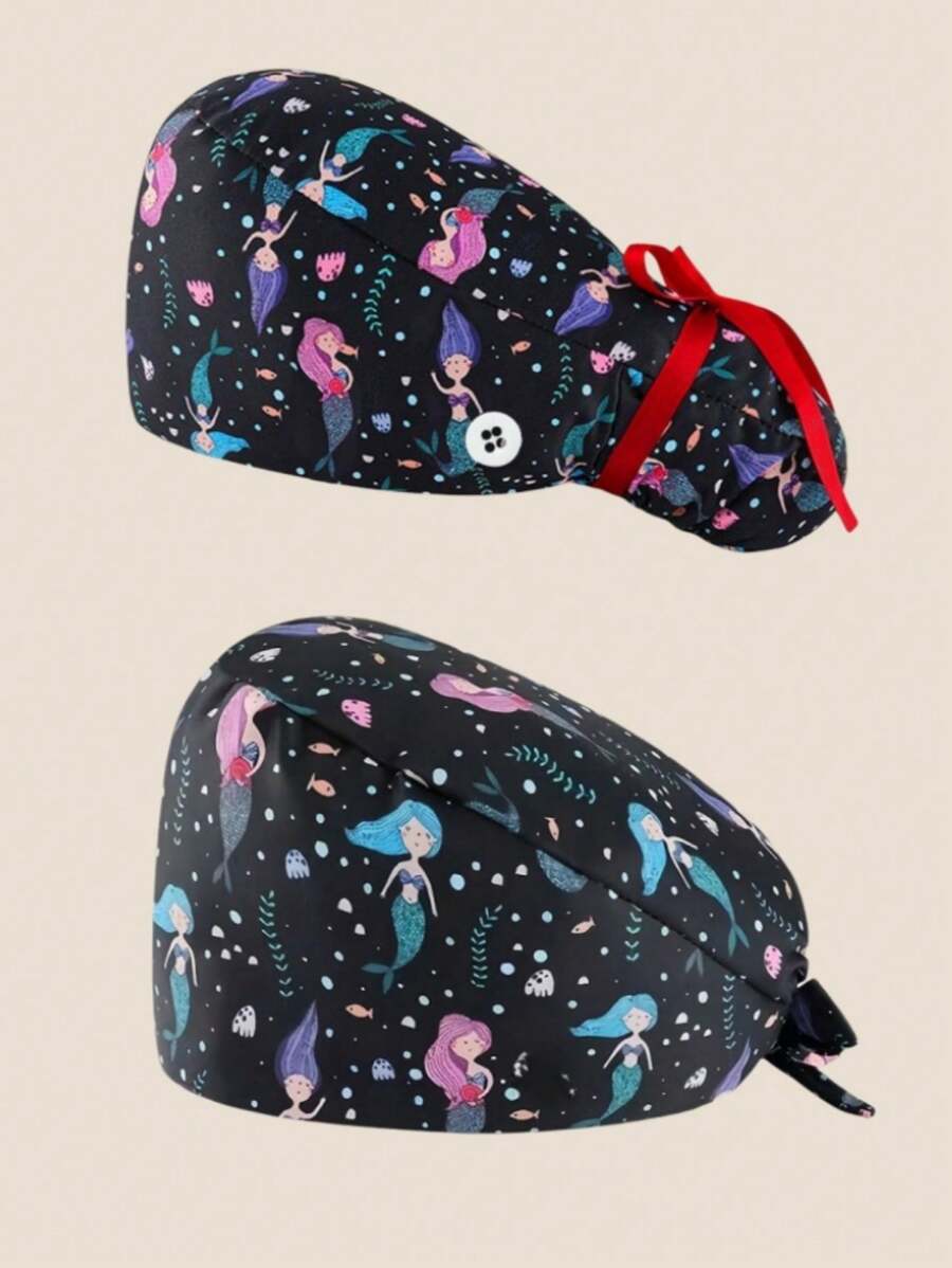 Set de 2 gorros de enfermera ajustables y bonitos con estampado, de talla única, que absorben el sudor, con correa elástica, adecuados para salón de belleza, veterinaria, médico, enfermera, trabajo de limpieza