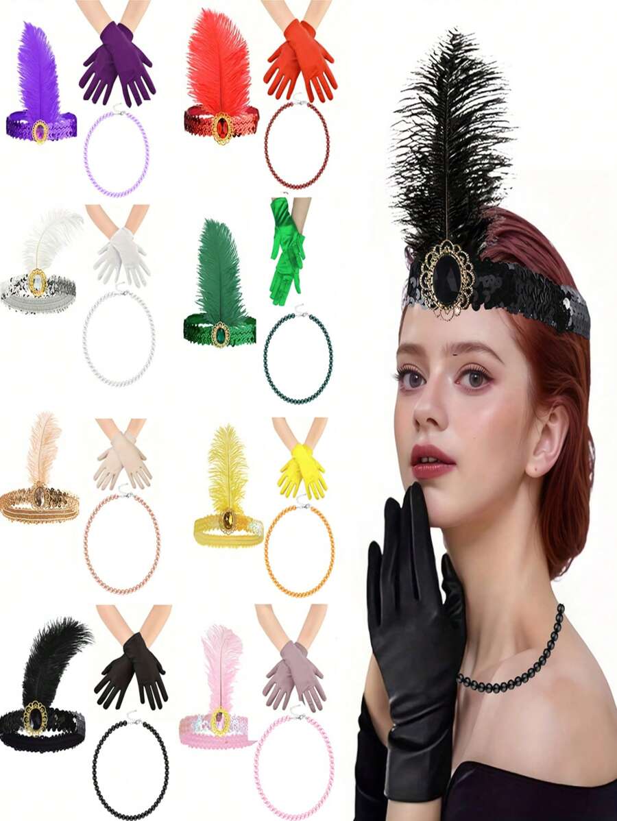 D EXCEED Set de 3 accesorii pentru flapper anii 1920: colier cu perle artificiale, bentiță și mănuși pentru femei - Costum de petrecere de Halloween anii 1920
