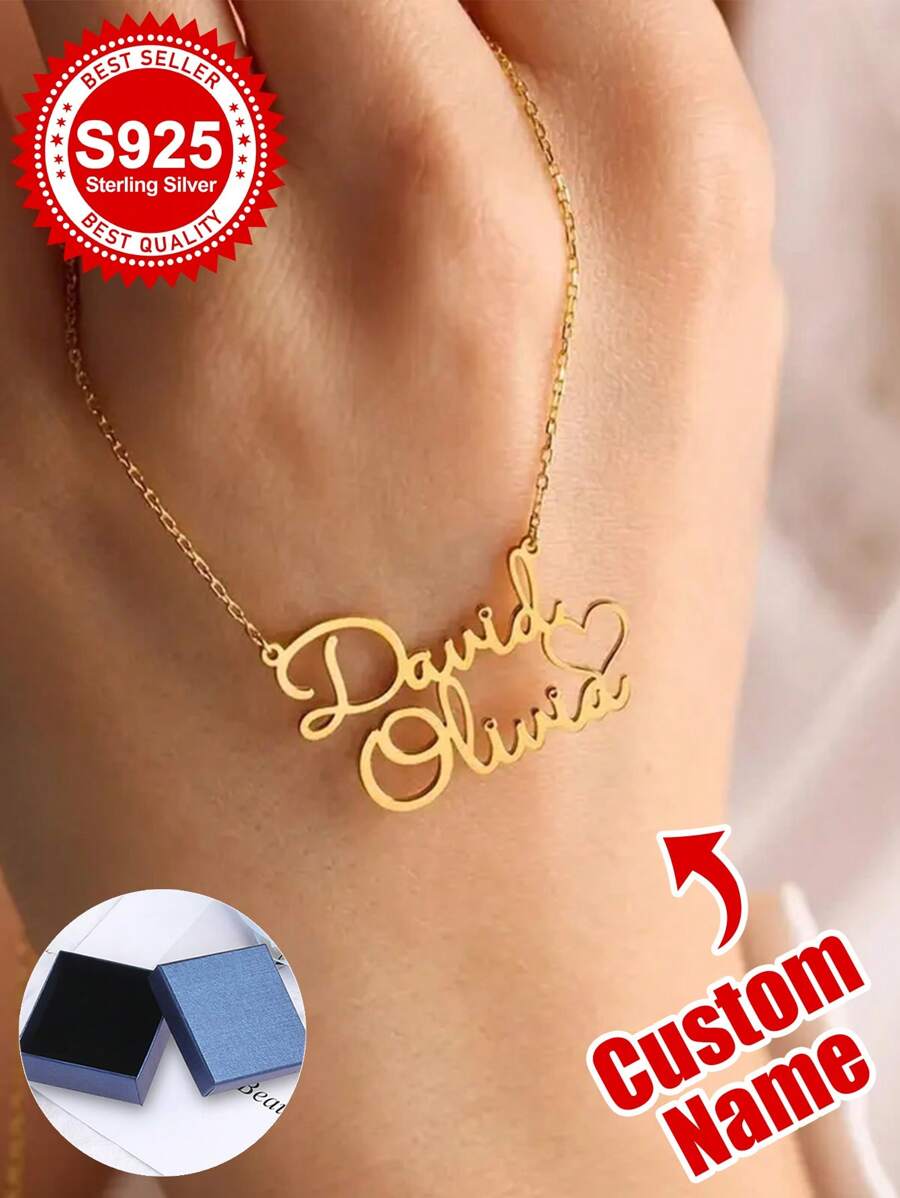 Collar personalizado de plata de ley 925 con dos nombres y acento de corazón - Regalo personalizado para parejas, amantes, cónyuges y almas gemelas - Ideal para aniversario, compromiso, Día de San Valentín, citas románticas, celebraciones de bodas y momentos de amor eterno