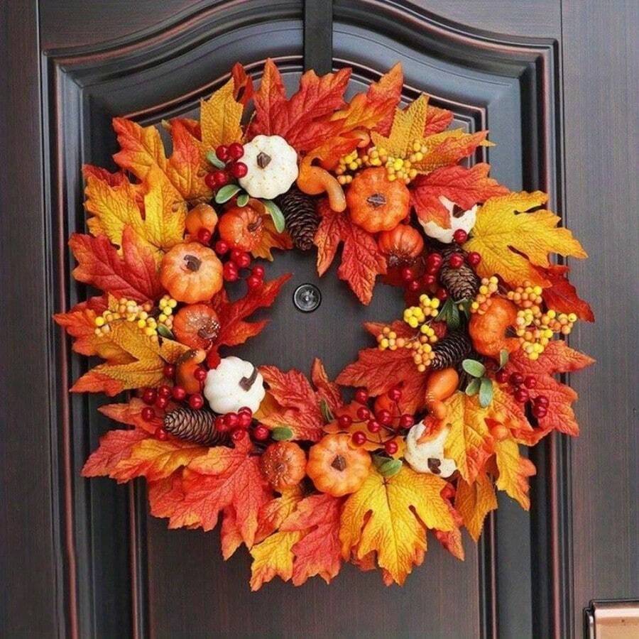 1Pc Autumn Door Wreath Christmas Halloween Decoration Pumpkin Berry Pine Cone Maple Artificial Wreath Cloth Rattan Material Home Decoration