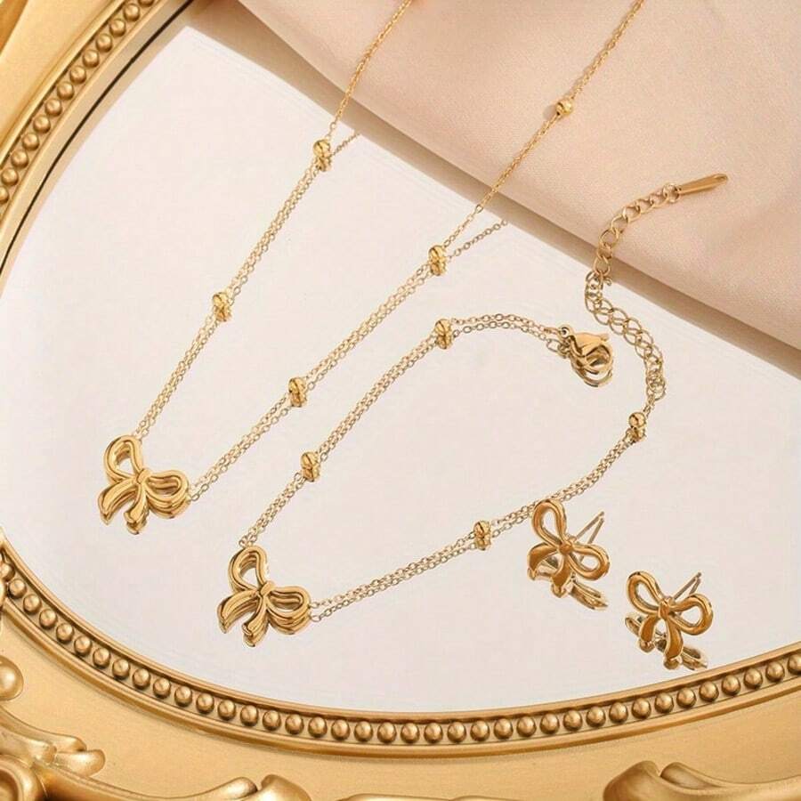 4pcs Stainless Steel Gold Plated Princess Bow Jewelry Set - Necklace, Bracelet, Earrings 3-Piece Set, Elegant & Versatile Accessories Suitable For Women Daily Commute Wear