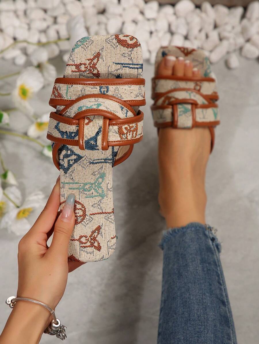 Women's Color Block Peep Toe Bohemian Cross Strap Slip-On Flat Sandals, Comfortable Fashion Vacation Slippers, All Season