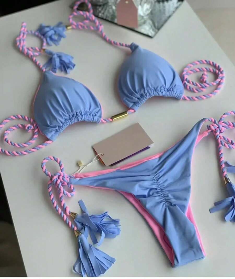 Nuevo Bikini de mujer con triángulo de cuerda sin espalda, traje de baño multicolor