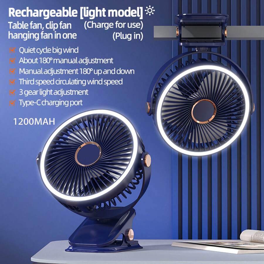 WOOSENHWO USB Rechargeable Desktop Mini Clip Fan With Light, 360 Degree Rotatable Fan, Home/Office Use, Car Cooling, Camping Equipment, Portable Fan