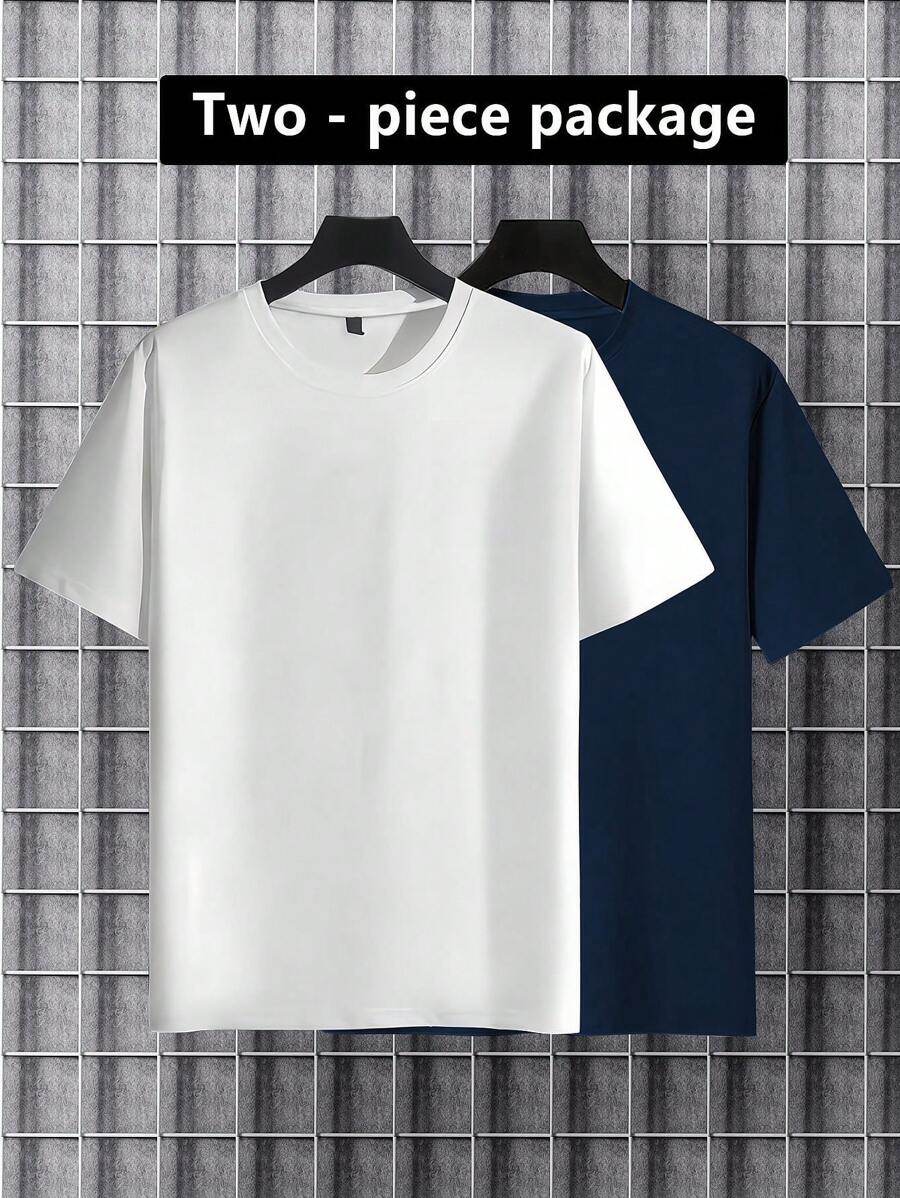 2pcs Men's Casual Street Fashion Solid Color Crew Neck Short Sleeve T-Shirts